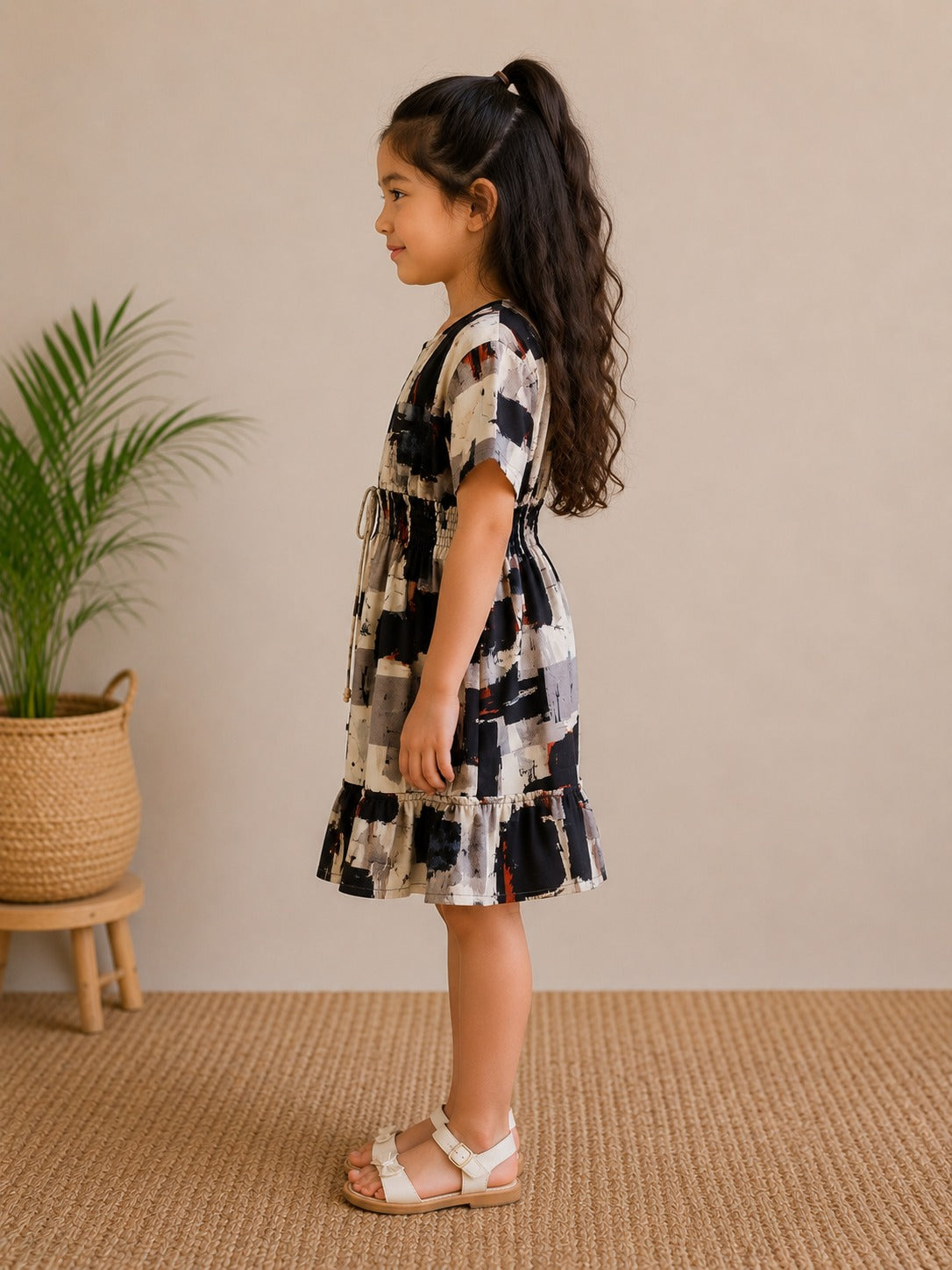 Baby Girls Abstract Brush Print Smocked Waist A-Line Dress