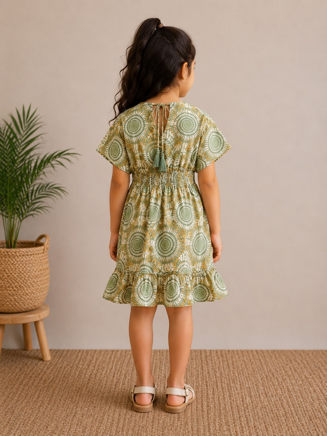 Baby Girls Sage Mandala Printed Smocked Waist A-Line Dress
