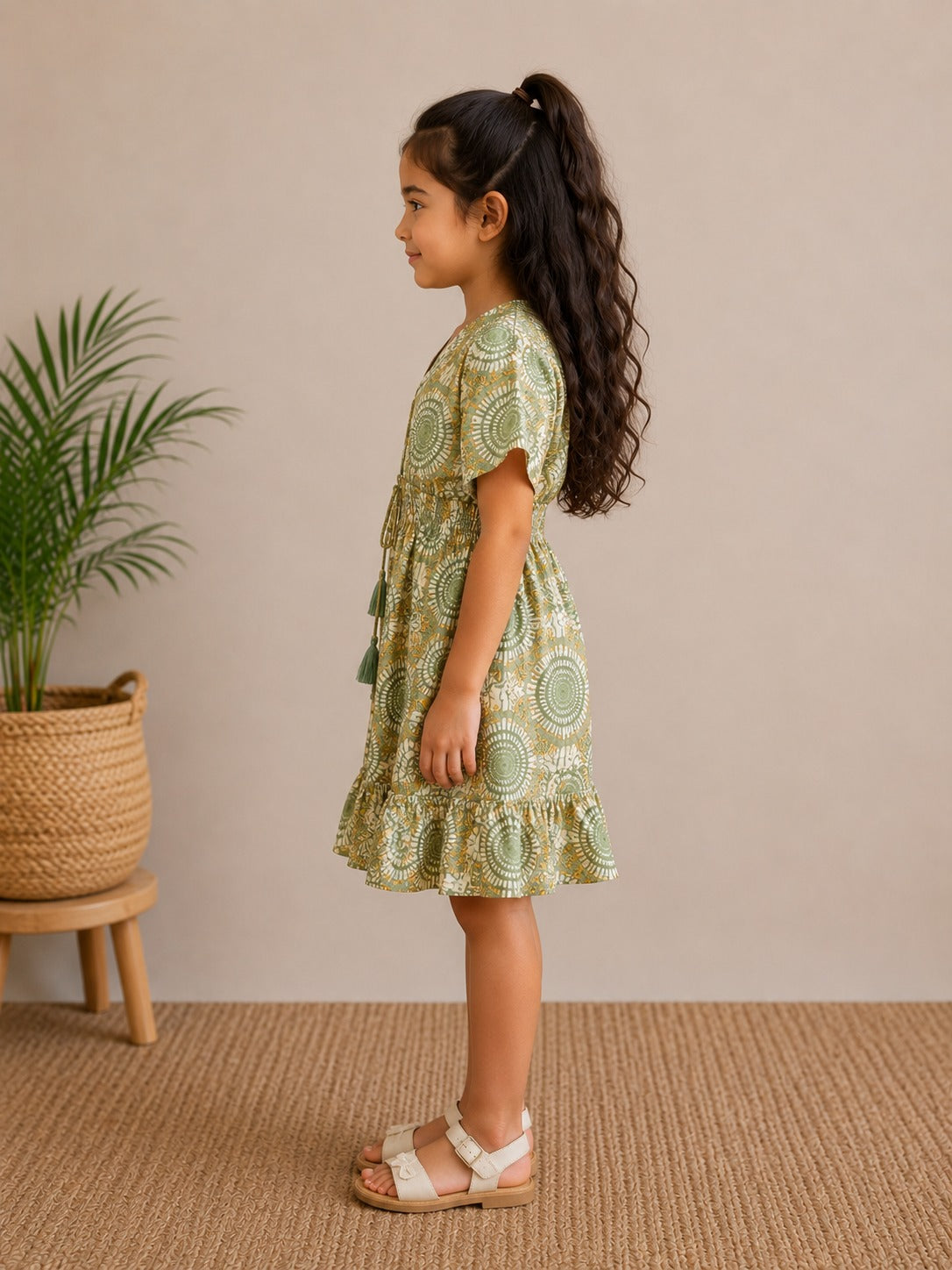 Baby Girls Sage Mandala Printed Smocked Waist A-Line Dress