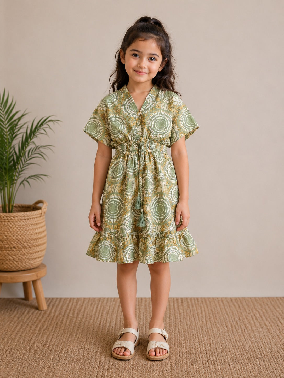 Baby Girls Sage Mandala Printed Smocked Waist A-Line Dress