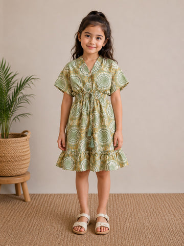 Baby Girls Sage Mandala Printed Smocked Waist A-Line Dress