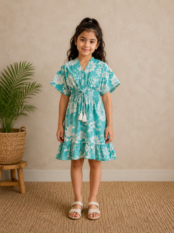 Baby Girls Aqua Blue Floral Printed Smocked Waist A-Line Dress