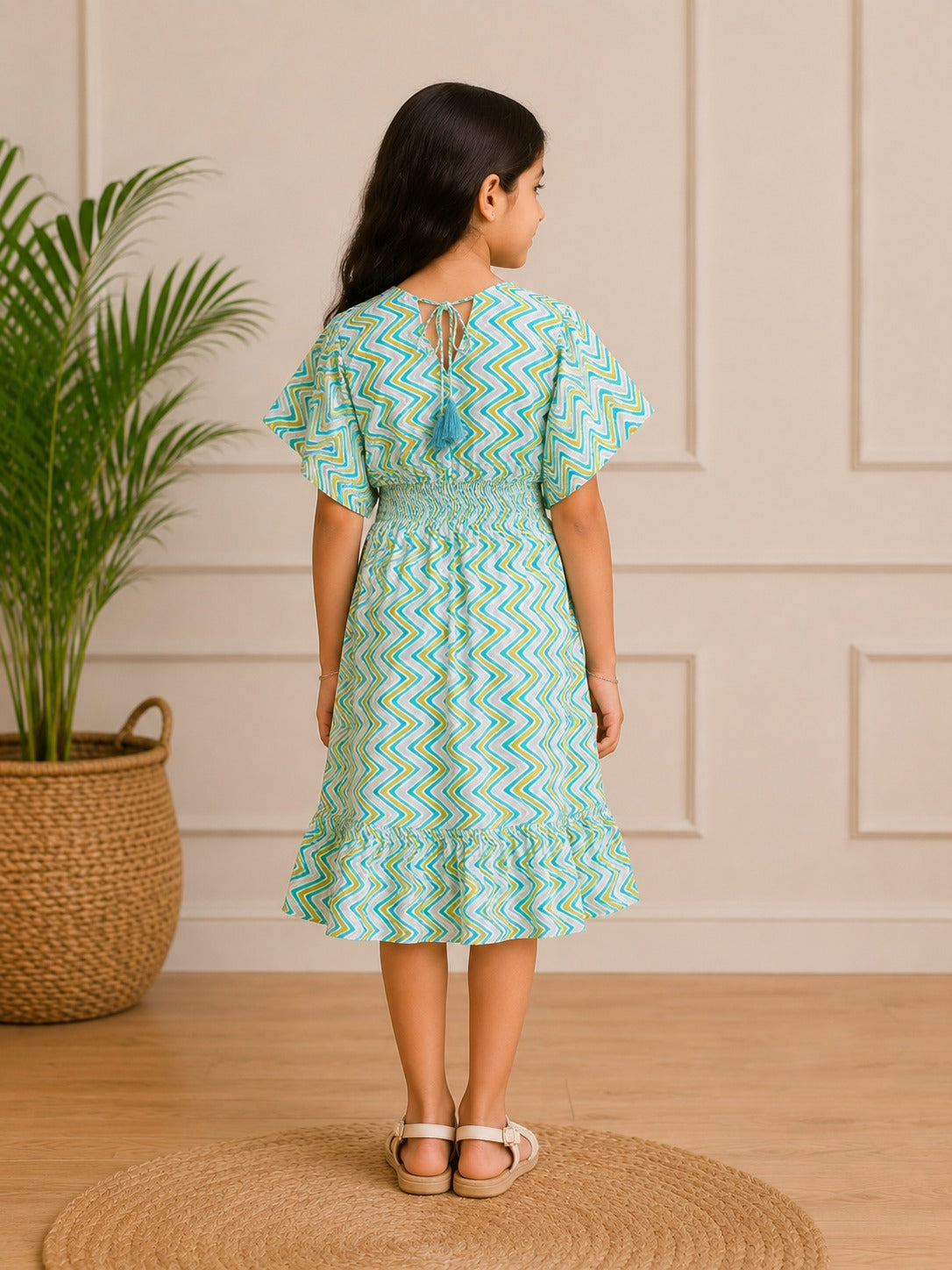 Baby Girls Cotton Blue Chevron Printed Smocked Waist Midi Dress
