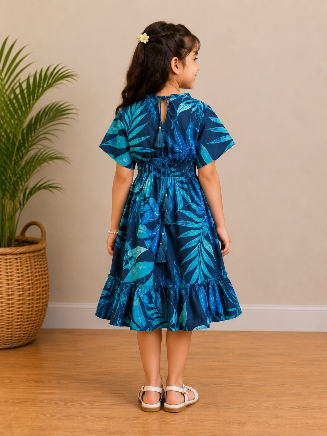 Baby Girls Cotton Blue Tropical Leaf Printed Smocked Waist Midi Dress