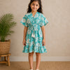 Baby Girls Aqua Blue Floral Printed Smocked Waist A-Line Dress