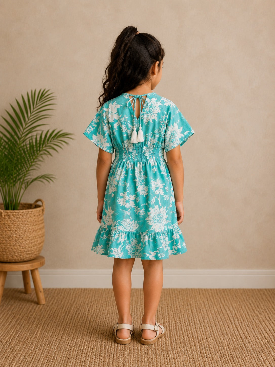 Baby Girls Aqua Blue Floral Printed Smocked Waist A-Line Dress