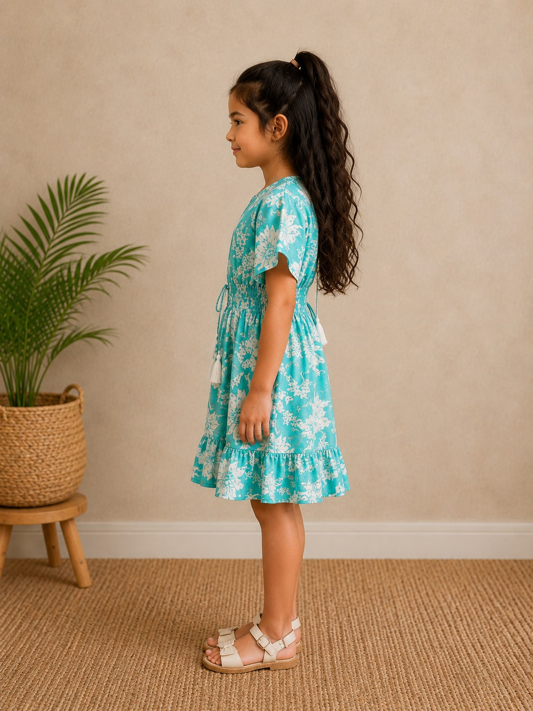 Baby Girls Aqua Blue Floral Printed Smocked Waist A-Line Dress