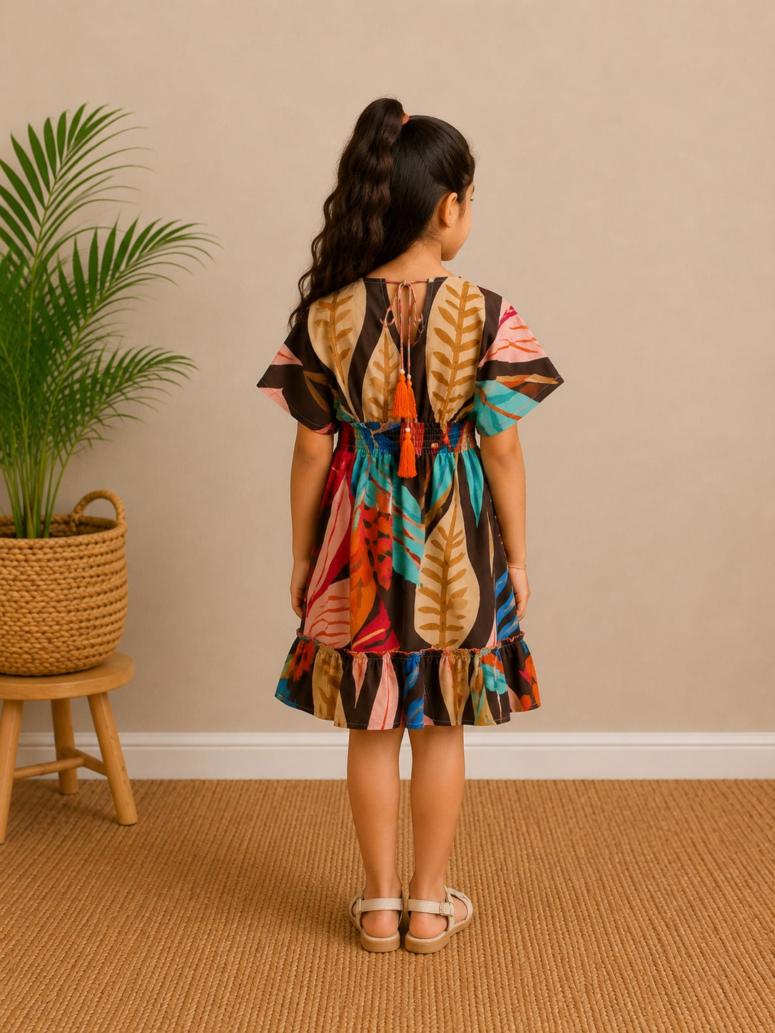 Baby Girls Cotton Tropical Leaf Printed Smocked Waist A-Line Dress
