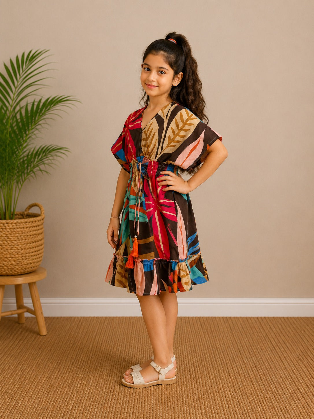 Baby Girls Cotton Tropical Leaf Printed Smocked Waist A-Line Dress