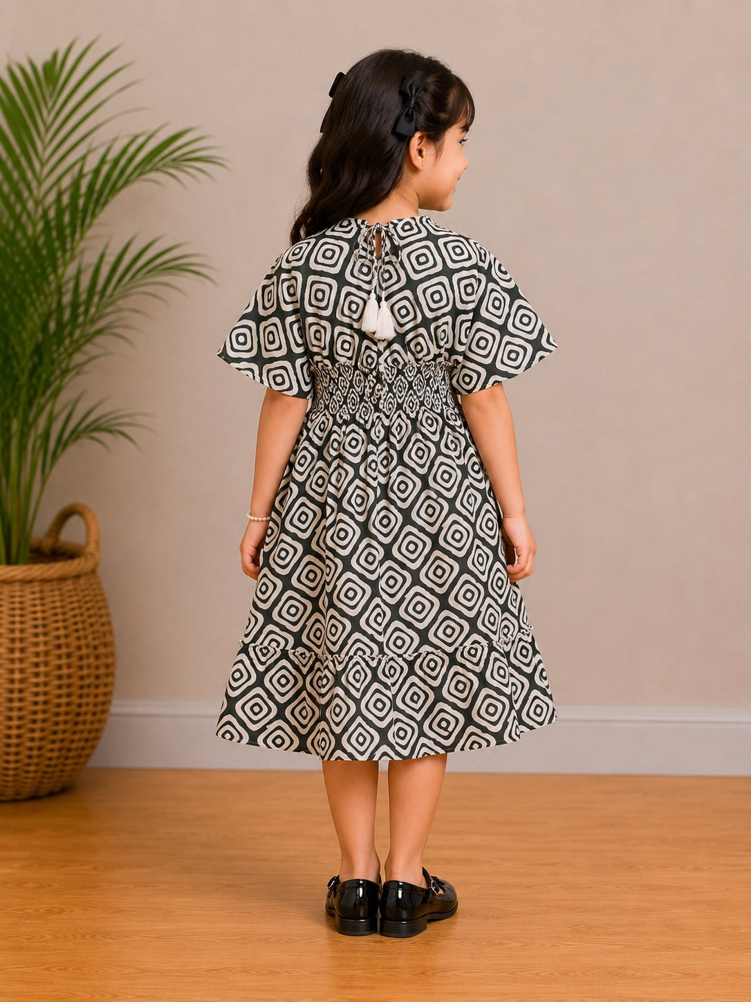 Baby Girls Monochrome Geo Printed Smocked Waist Flared Midi Dress