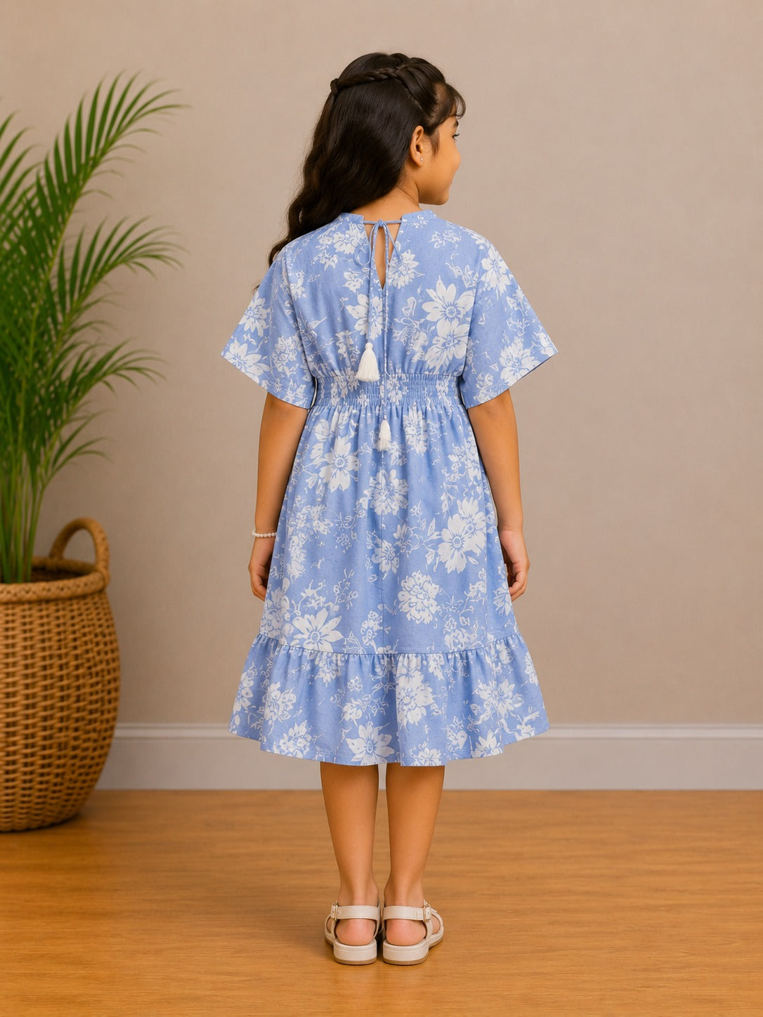 Baby Girls Powder Blue Floral Printed Tassel Tie-Up Smocked Waist Flared Midi Dress