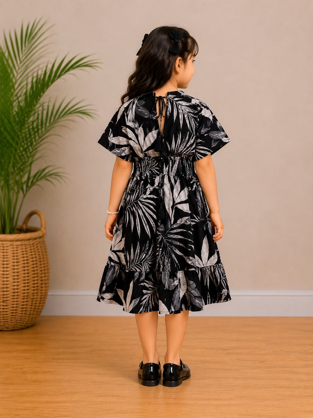 Baby Girls Midnight Tropical Printed Smocked Waist Flared Midi Dress