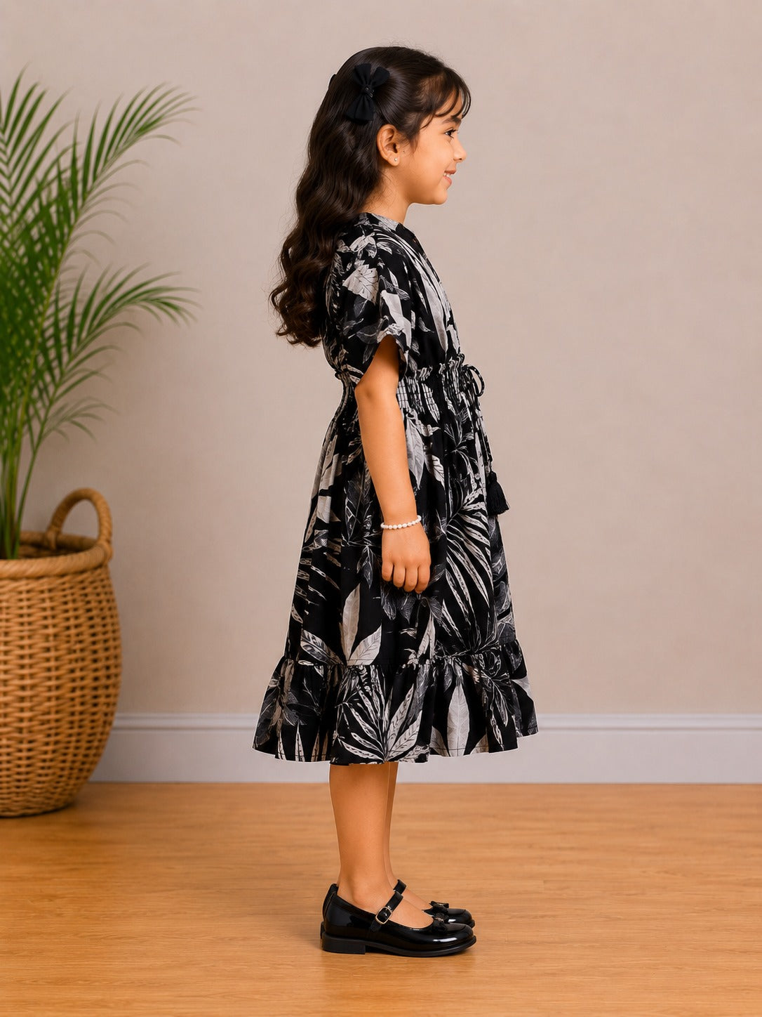 Baby Girls Midnight Tropical Printed Smocked Waist Flared Midi Dress
