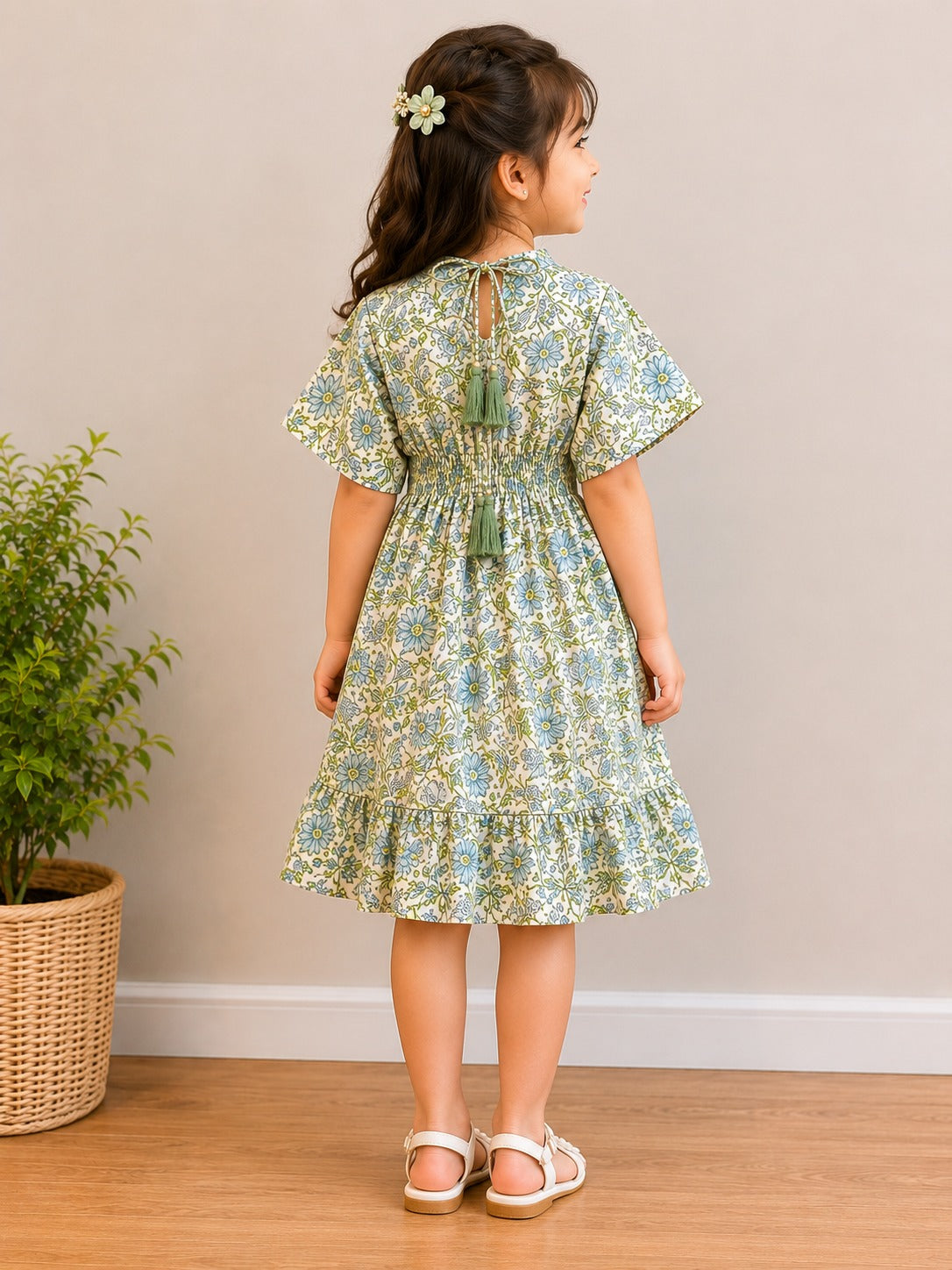Baby Girls Sage Bloom Printed Smocked Waist Flared Midi Dress