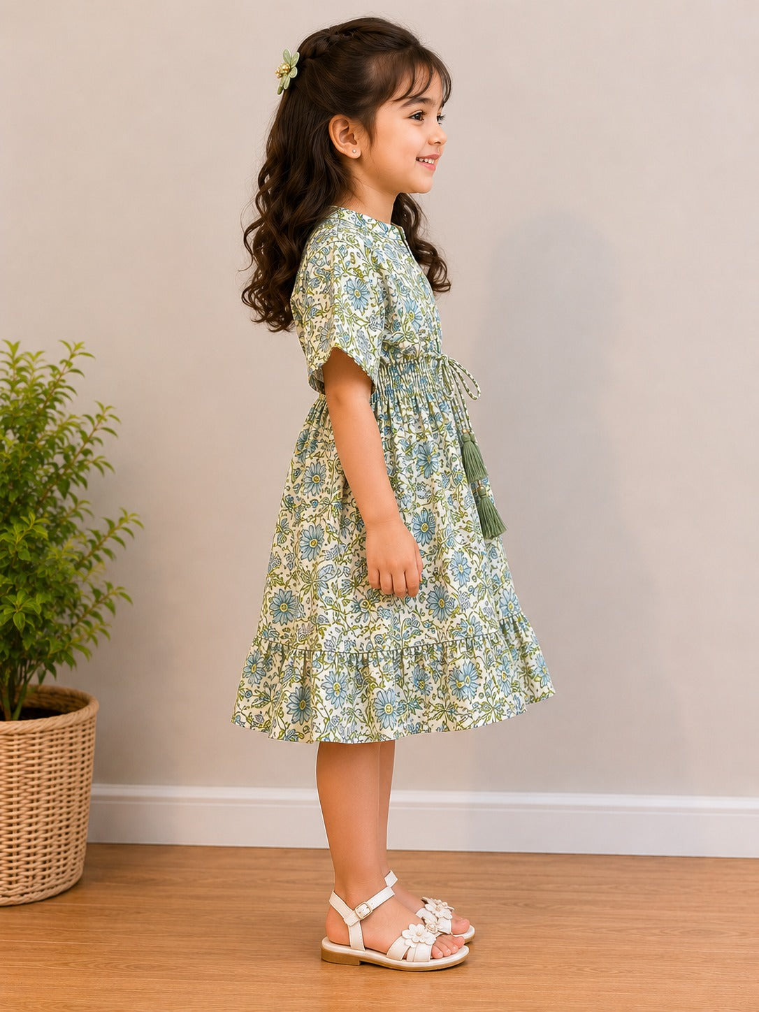 Baby Girls Sage Bloom Printed Smocked Waist Flared Midi Dress