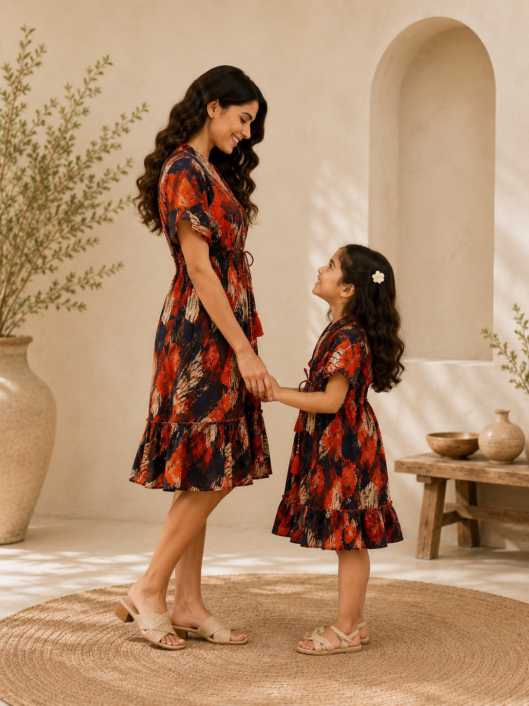 Mom & Daughter Crimson Bloom Printed Matching Flared Dress Set with Tassel Tie-Up Detail