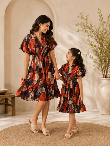 Mom & Daughter Crimson Bloom Printed Matching Flared Dress Set with Tassel Tie-Up Detail