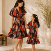 Mom & Daughter Crimson Bloom Printed Matching Flared Dress Set with Tassel Tie-Up Detail