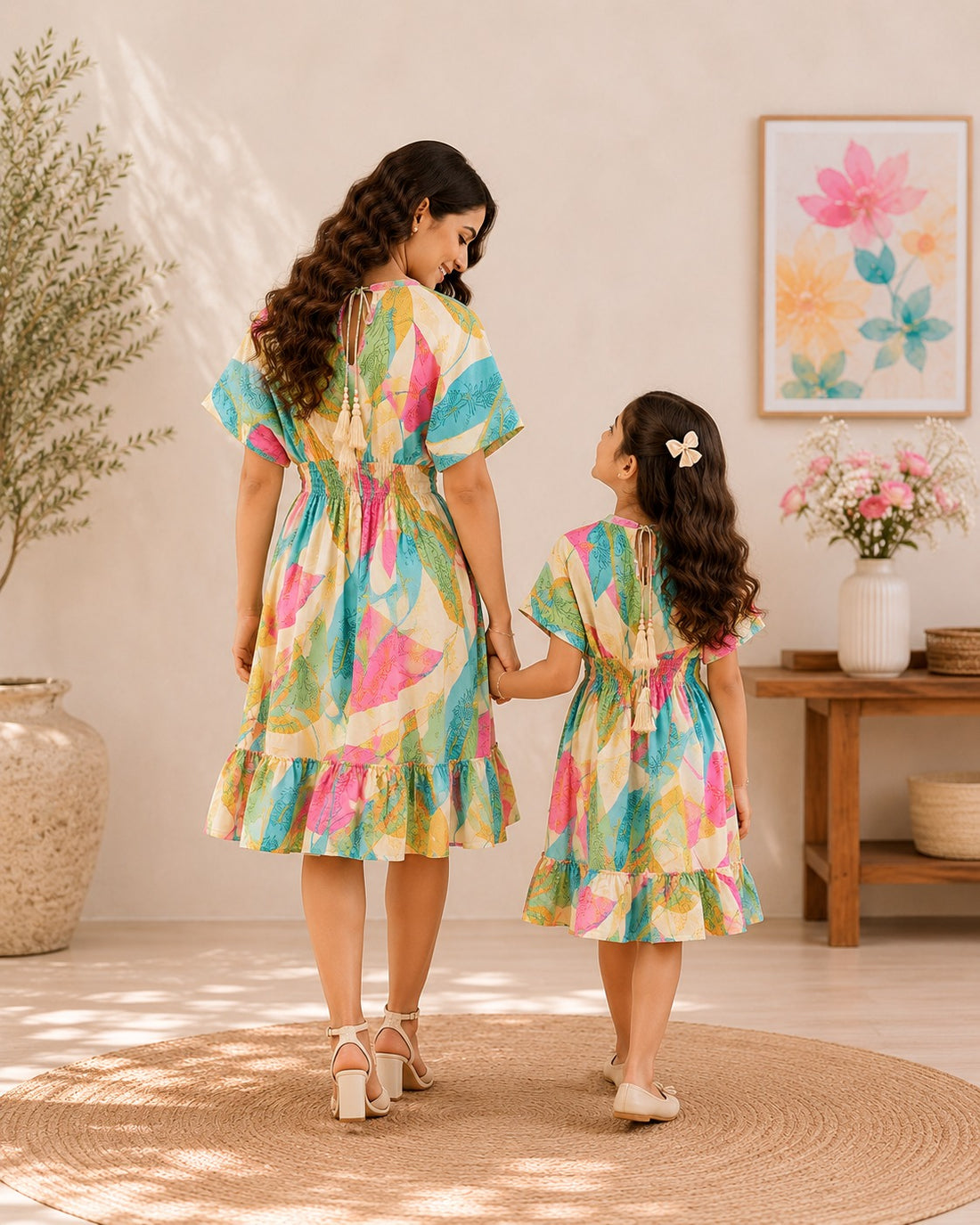 Mom & Daughter Candy Bloom Printed Matching Flared Dress Set with Tassel Tie-Up Detail