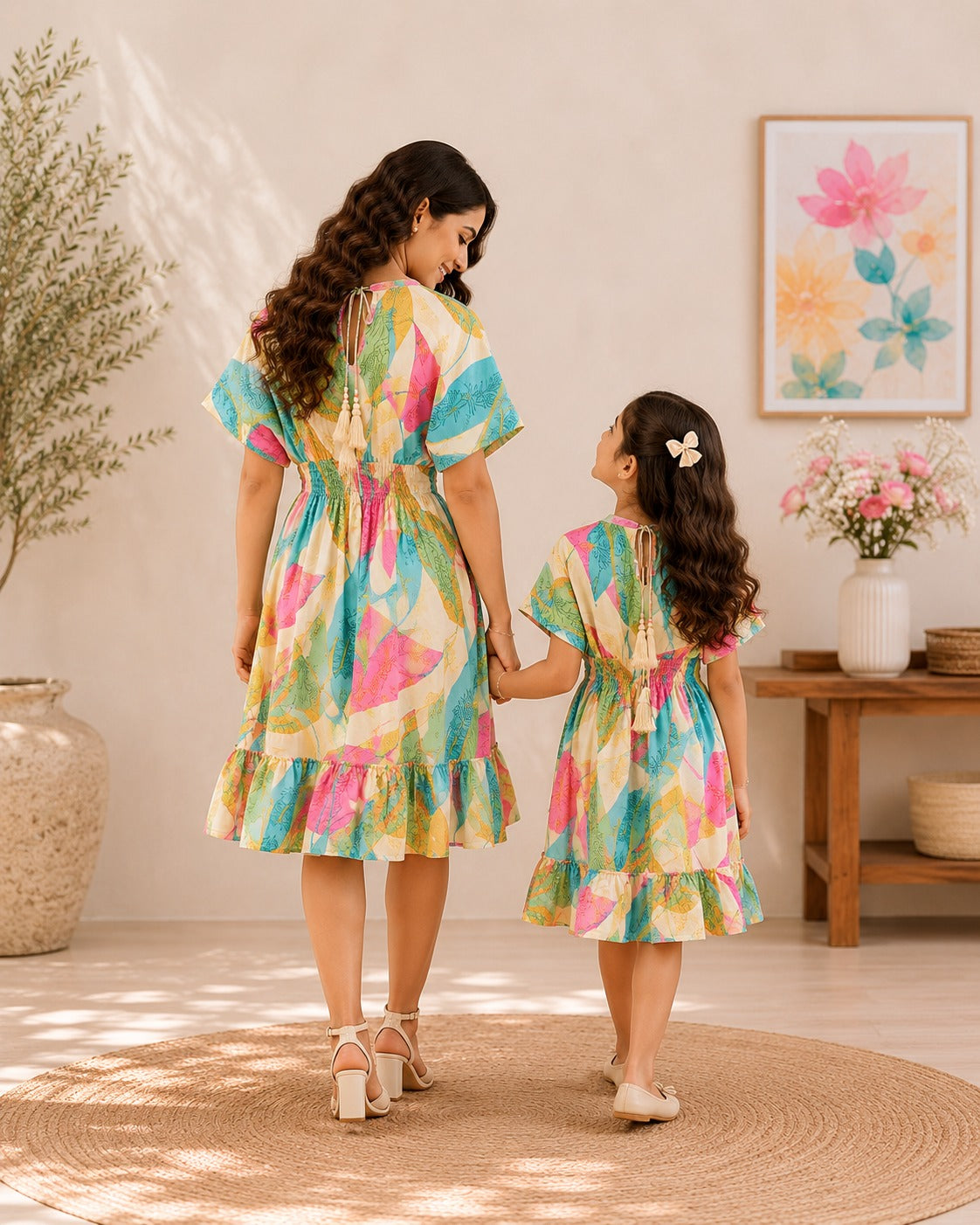 Mom & Daughter Candy Bloom Printed Matching Flared Dress Set with Tassel Tie-Up Detail