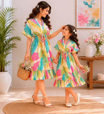 Mom & Daughter Candy Bloom Printed Matching Flared Dress Set with Tassel Tie-Up Detail