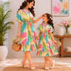 Mom & Daughter Candy Bloom Printed Matching Flared Dress Set with Tassel Tie-Up Detail