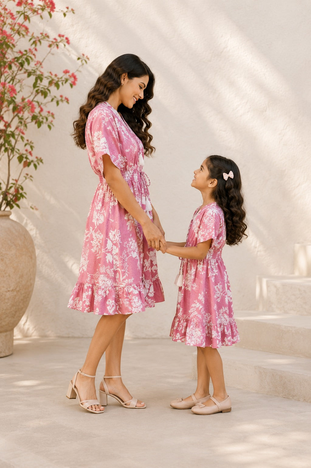 Mom & Daughter Blush Pink Floral Printed Matching Flared Dress Set with Tassel Tie-Up Detail