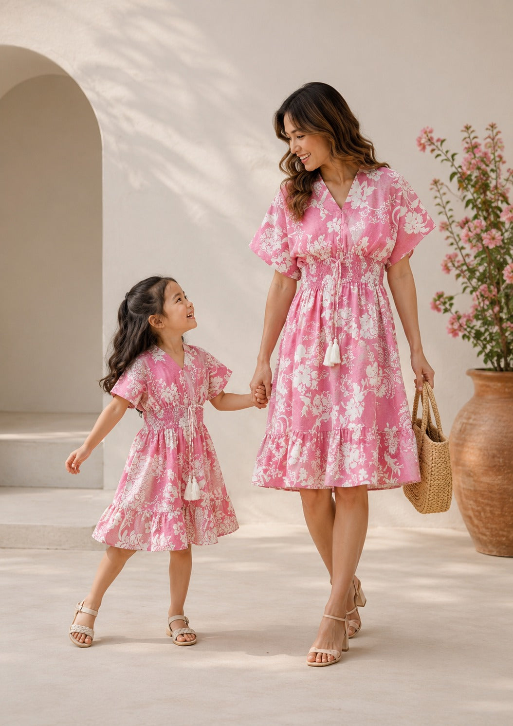 Mom & Daughter Blush Pink Floral Printed Matching Flared Dress Set with Tassel Tie-Up Detail