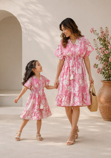 Mom & Daughter Blush Pink Floral Printed Matching Flared Dress Set with Tassel Tie-Up Detail