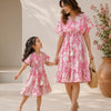 Mom & Daughter Blush Pink Floral Printed Matching Flared Dress Set with Tassel Tie-Up Detail