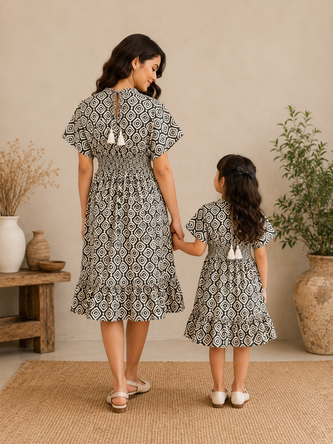 Mom & Daughter Monochrome Geometric Printed Matching Smocked Waist Flared Dress Set with Tassel Tie-Up Detail