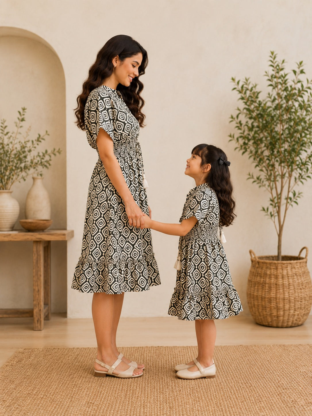 Mom & Daughter Monochrome Geometric Printed Matching Smocked Waist Flared Dress Set with Tassel Tie-Up Detail