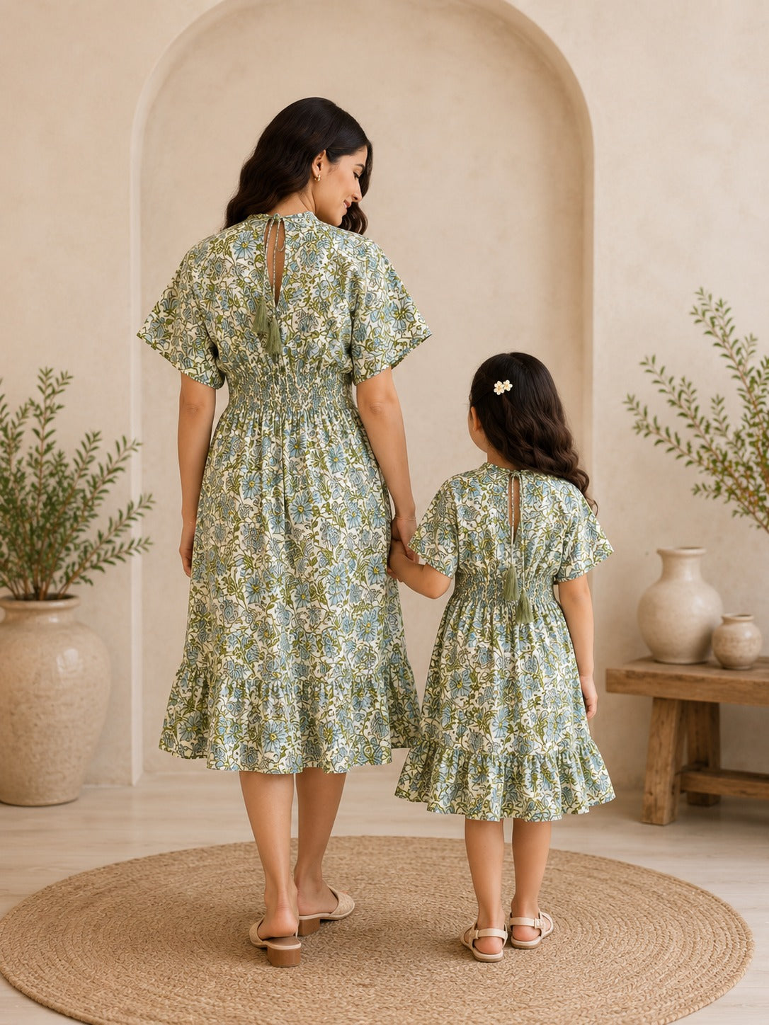Mom & Daughter Sage Green Floral Printed Matching Smocked Waist Flared Dress Set with Tassel Tie-Up Detail