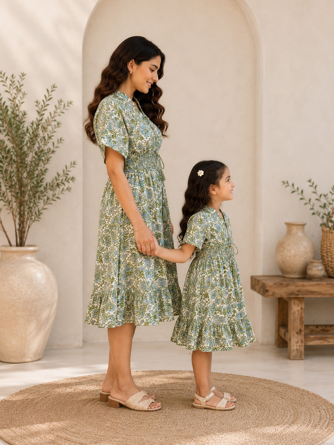 Mom & Daughter Sage Green Floral Printed Matching Smocked Waist Flared Dress Set with Tassel Tie-Up Detail