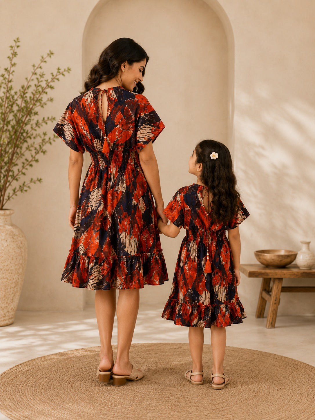 Mom & Daughter Crimson Bloom Printed Matching Flared Dress Set with Tassel Tie-Up Detail