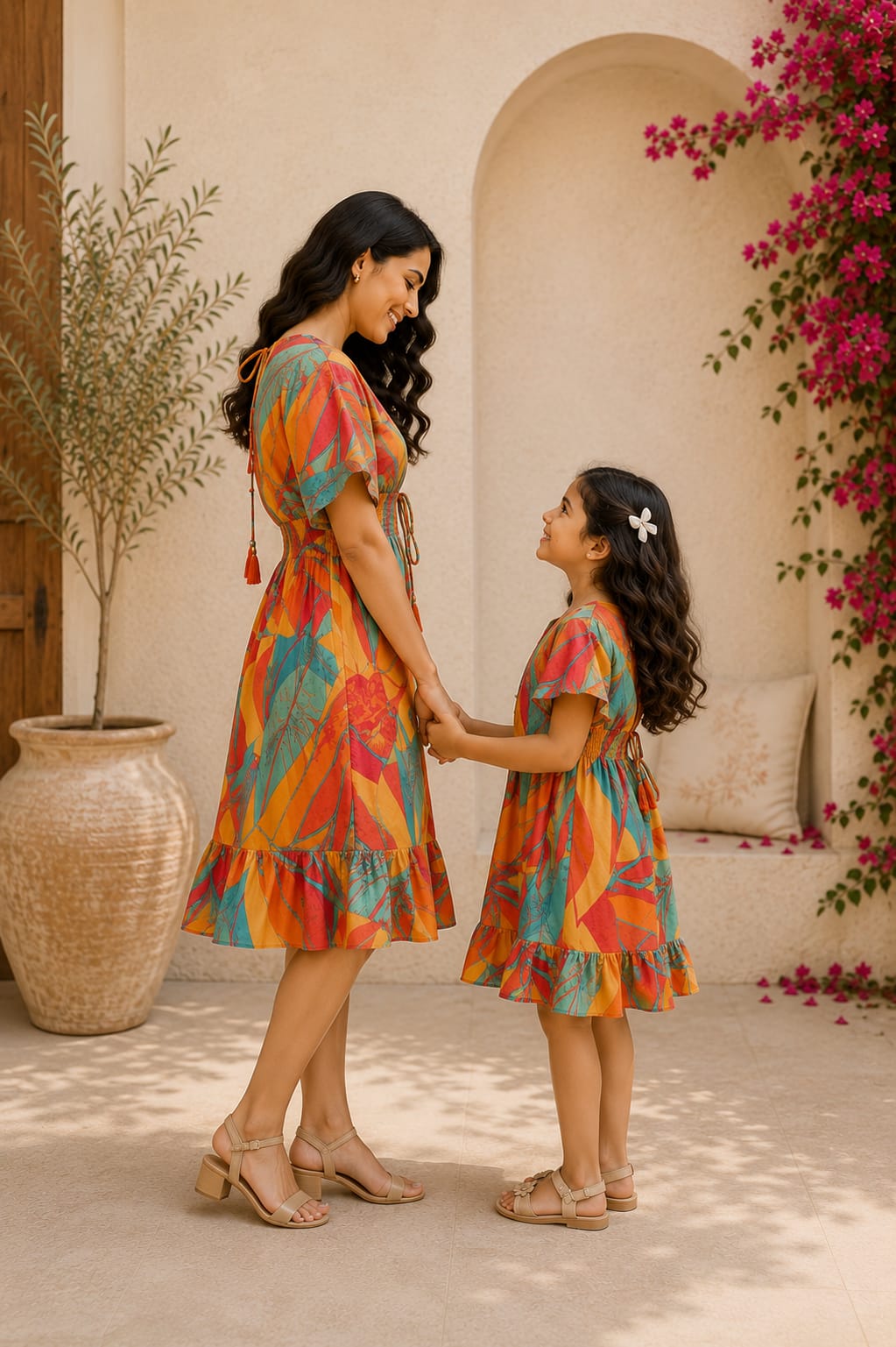 Mom & Daughter Tropical Sunset Printed Matching Flared Dress Set with Tassel Tie Detail