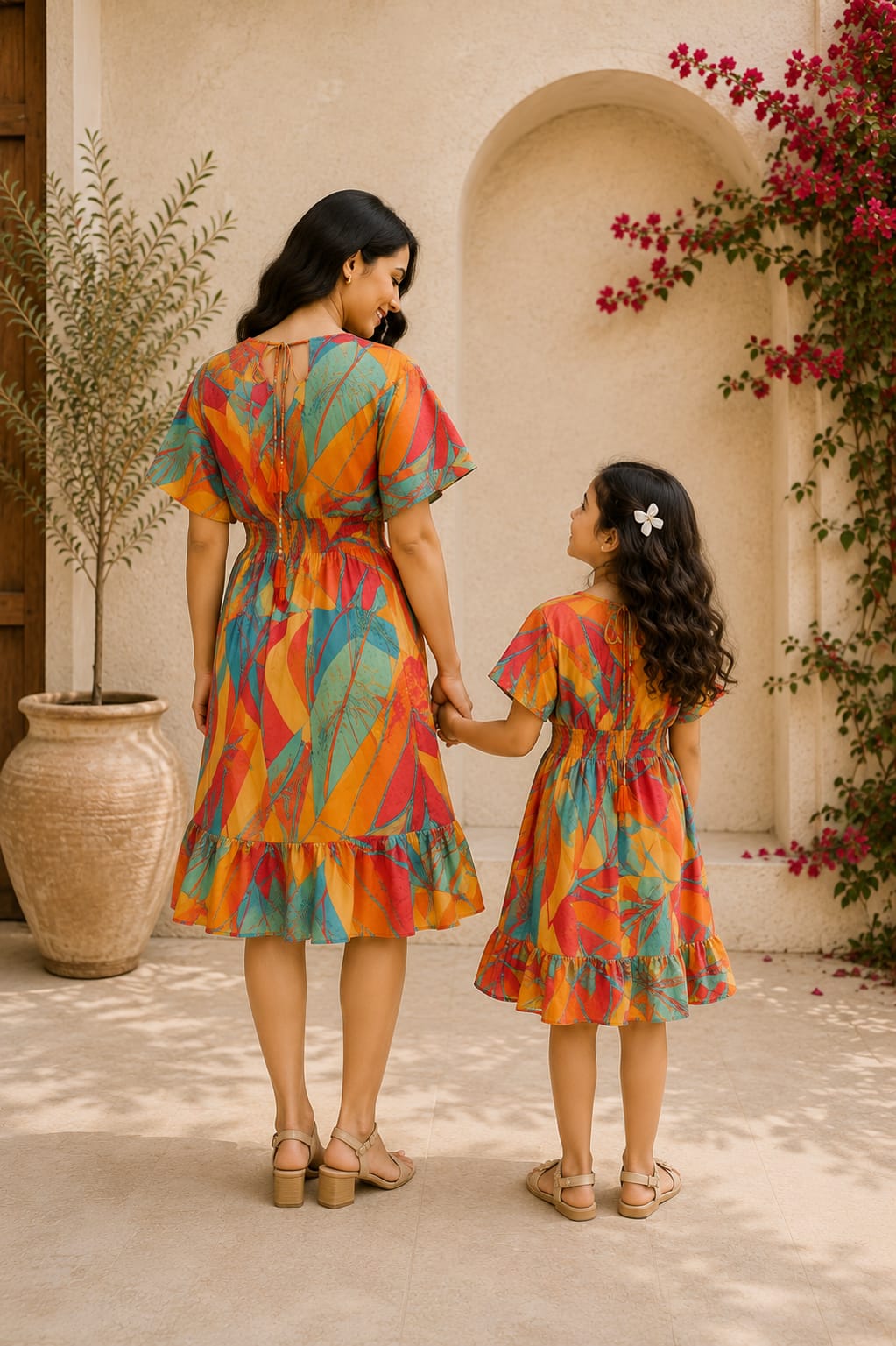 Mom & Daughter Tropical Sunset Printed Matching Flared Dress Set with Tassel Tie Detail