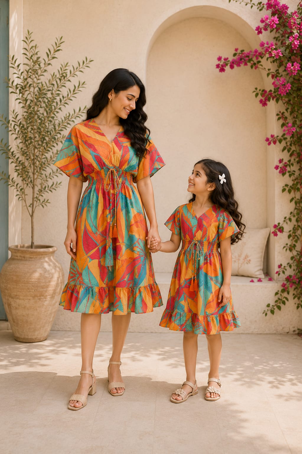 Mom & Daughter Tropical Sunset Printed Matching Flared Dress Set with Tassel Tie Detail