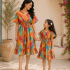 Mom & Daughter Tropical Sunset Printed Matching Flared Dress Set with Tassel Tie Detail