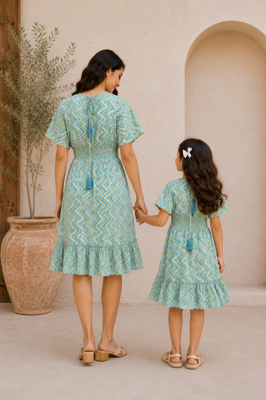 Mom & Daughter Ocean Waves Printed Matching Smocked Waist Ruffle Dress Set
