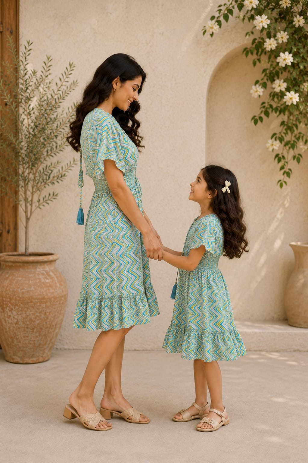 Mom & Daughter Ocean Waves Printed Matching Smocked Waist Ruffle Dress Set