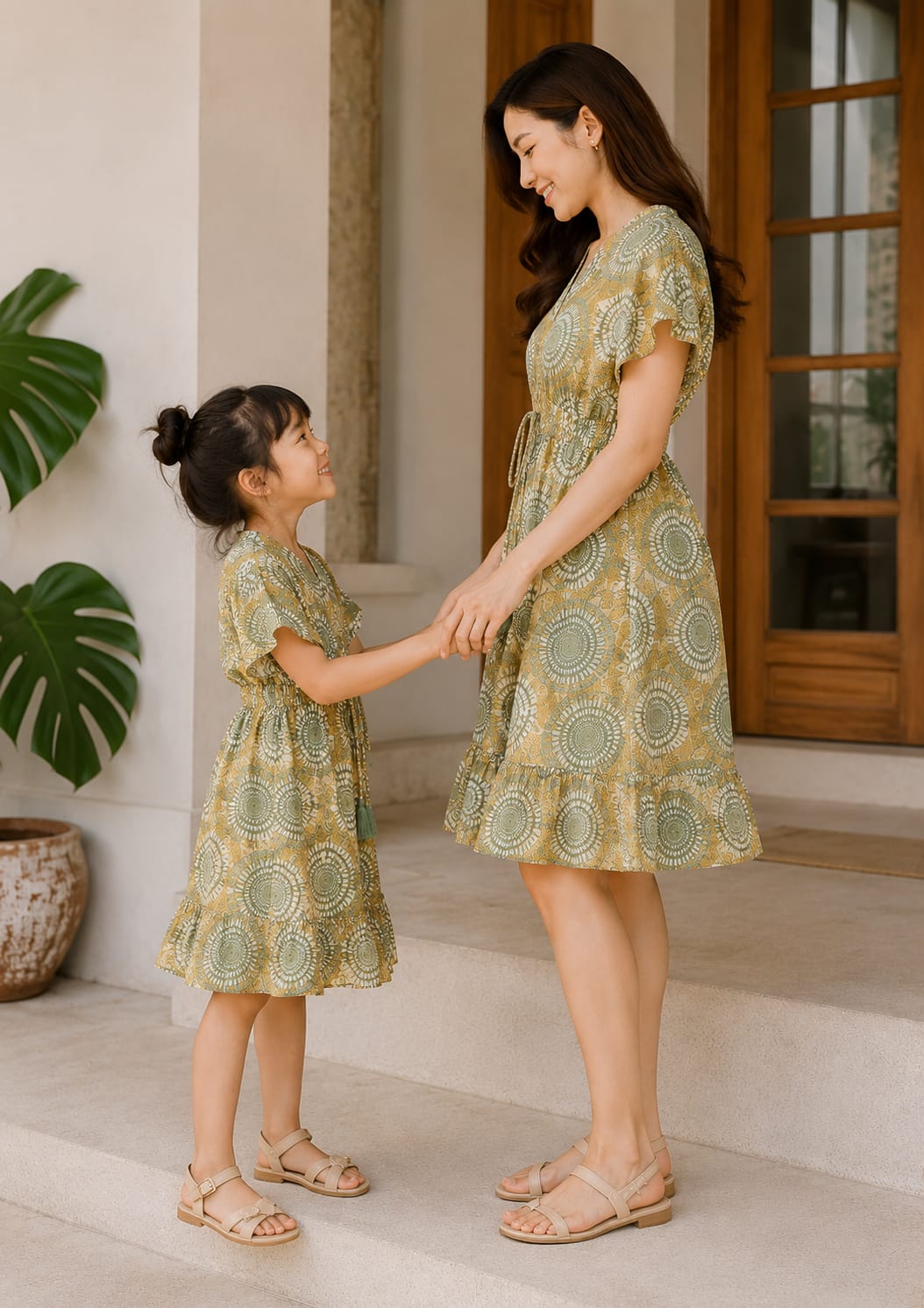 Mom & Daughter Olive Mandala Printed Matching Ruffle Dress Set