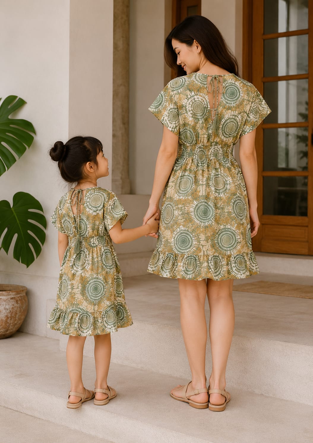 Mom & Daughter Olive Mandala Printed Matching Ruffle Dress Set
