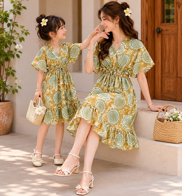 Mom & Daughter Olive Mandala Printed Matching Ruffle Dress Set