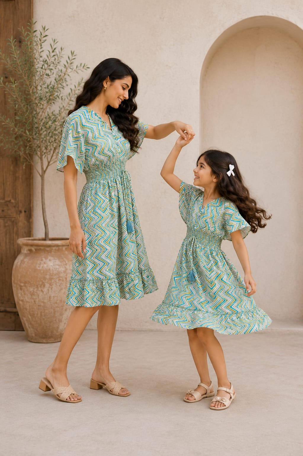 Mom & Daughter Ocean Waves Printed Matching Smocked Waist Ruffle Dress Set