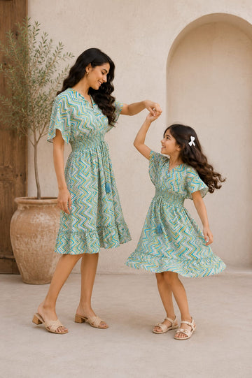 Mom & Daughter Ocean Waves Printed Matching Smocked Waist Ruffle Dress Set