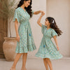Mom & Daughter Ocean Waves Printed Matching Smocked Waist Ruffle Dress Set