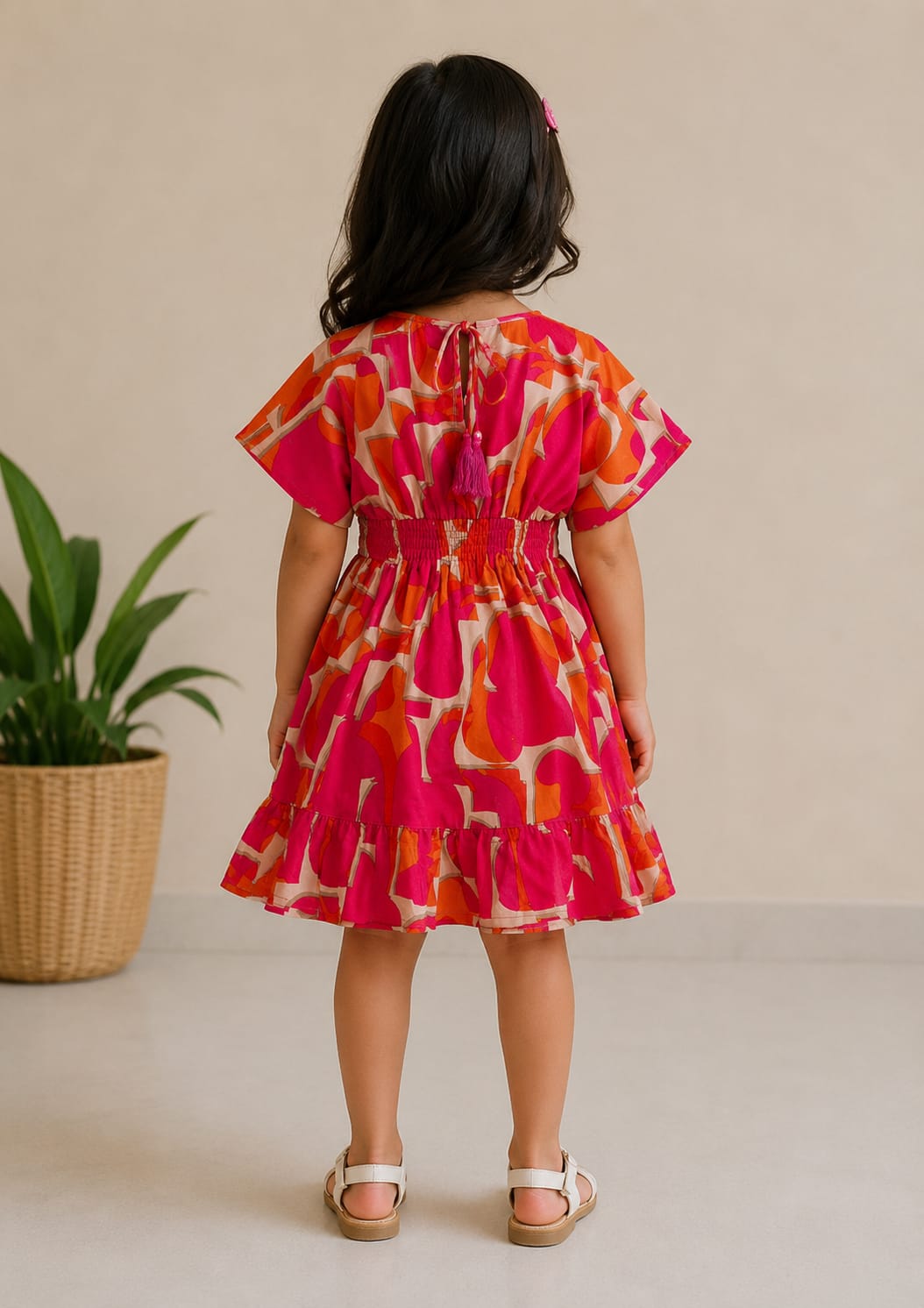 Baby Girls Sunset Tropical Printed Smocked Waist Flared Midi Dress
