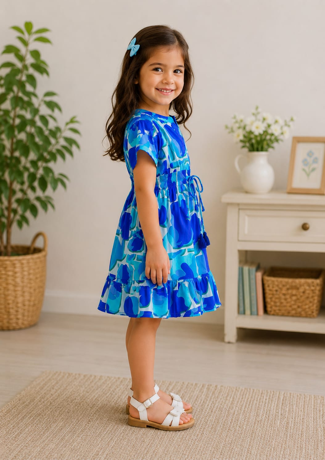 Baby Girls Sapphire Bloom Printed Smocked Waist Flared Midi Dress