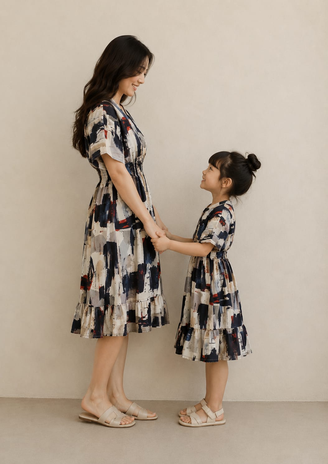 Mom & Daughter Abstract Brushstroke Printed Matching Flared Dress Set with Smocked Waist Detail